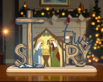Presepe di una storia vera in formato SVG, file di taglio laser della natività di Natale, decorazioni natalizie cristiane in formato SVG, cartello in legno della Sacra Famiglia Glowforge, decorazioni natalizie