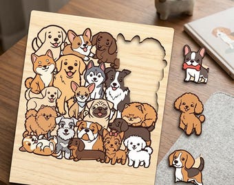 May include: Wooden dog-themed puzzle with a variety of cartoon dog breeds. The puzzle is light brown and has a unique cutout shape. Several dog-shaped magnets are scattered around the puzzle, including a French Bulldog, a Poodle, and a Beagle.