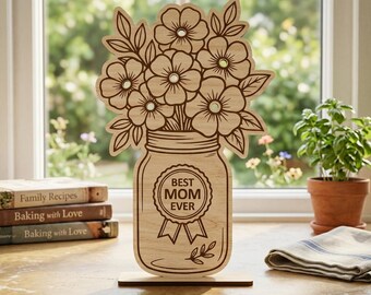Portafiori per barattolo Mason per la Festa della Mamma (SVG), Portavaso in legno "La migliore mamma di sempre", File per taglio laser floreale, Regalo per la mamma con Cricut Glowforge