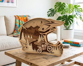Dirt Bike Helmet Multilayer SVG, Motocross Rider Mountain Scene, Off Road Helmet Laser Cut File, Motorcycle SVG