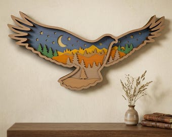 3D Layered Eagle SVG, Flying Bird Forest Shadow Box Laser Cut File, Mountain Night Scene Wood Art, Glowforge xTool CNC Digital Design, Decor