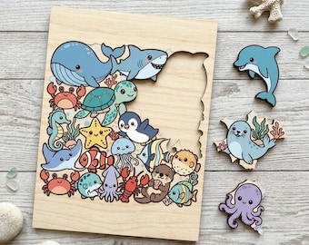 Puzzle di animali marini in formato SVG, file puzzle in legno di creature marine, simpatici animali marini tagliati al laser, giocattolo educativo per bambini e neonati, compatibile con Cricut e Glowforge.