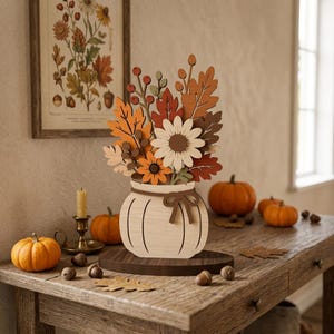 May include: A layered wooden tabletop decoration featuring a pumpkin-shaped vase filled with cutout autumn leaves, berries, and flowers in shades of orange, brown, and cream. The vase includes a small wooden bow detail and sits on a dark base.
