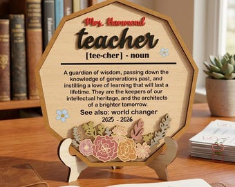 Teacher Definition SVG, Octagon Floral Plaque Laser Cut File, Personalized Teacher Appreciation Gift, Glowforge xTool CNC Digital Design