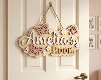 Personalized Kids Name Door Sign SVG, Custom Girl Room Sign SVG, Butterfly Nursery Name Sign, Baby Girl Room Decor SVG, Laser Cut Name Sign