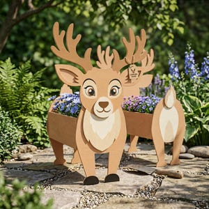 Maceta con diseño de ciervo en formato SVG, archivo de corte láser para decoración de jardín con animales, diseño de maceta de madera, arte para exteriores, diseño digital CNC Glowforge xTool.