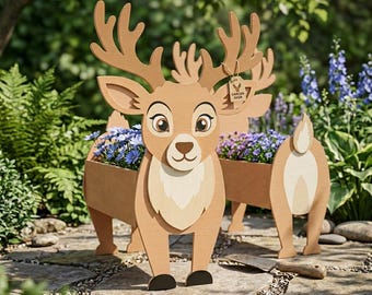 Maceta con diseño de ciervo en formato SVG, archivo de corte láser para decoración de jardín con animales, diseño de maceta de madera, arte para exteriores, diseño digital CNC Glowforge xTool.