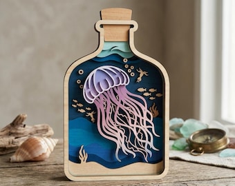 Jellyfish in a Bottle Multilayer SVG, 3D Ocean Shadow Box Laser Cut File, Sea Life Wood Wall Art, Glowforge xTool CNC Digital Design