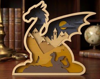 3D Layered Dragon SVG, Fantasy Mountain Shadow Box Laser Cut File, Castle Night Scene Wood Art, Glowforge xTool CNC Digital Design, Mythical