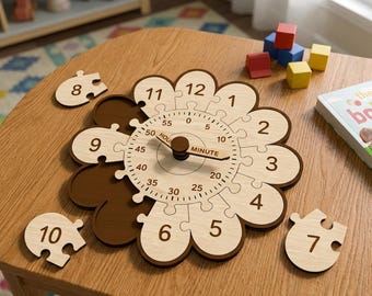 Flower Puzzle Clock SVG, Kids Learning Clock Laser Cut File, Wooden Montessori Clock Toy, Shape Matching Activity, Digital Download