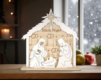 Silent Night Nativity SVG, Holy Family Laser Cut File, Christian Christmas Manger Scene SVG, Religious Ornament SVG for Glowforge