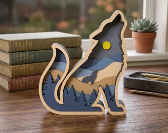 3D Layered Wolf SVG, Howling Wolf Moon Shadow Box Laser Cut File, Forest Wildlife Wood Art, Glowforge xTool CNC Digital Design, Night Scene