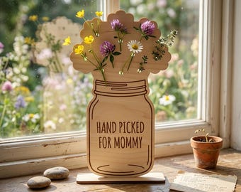 Portafiori per la festa della mamma SVG, Cartello "Scelto a mano per la mamma" su barattolo Mason, Regalo per bambini per la mamma, Espositore di fiori in legno File di taglio laser Cricut