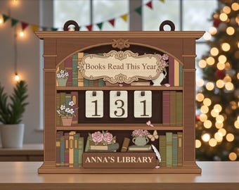 Vintage Library Bookshelf Tracker SVG, cartello personalizzato per obiettivi di lettura, contatore dei libri letti quest'anno, file tagliato al laser, Glowforge xTool Cricut