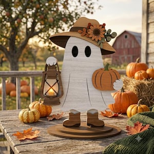 Op de afbeelding: Een houten spookfiguur met een beige hoed versierd met oranje en bruine bloemen. Het spook houdt een bruine lantaarn in de ene hand en een oranje pompoen in de andere, draagt bruine laarzen en staat op een ronde houten voet.