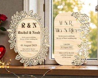 Floral Wedding Invitation SVG ,Rose Laser Cut File Svg, Rustic Wood Card Template ,Oval Frame Invite, Glowforge xTool Cricut Project