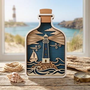 Phare dans une bouteille SVG multicouche, fichier découpé au laser 3D Ocean Shadow Box, art mural bois nautique, conception numérique CNC Glowforge xTool