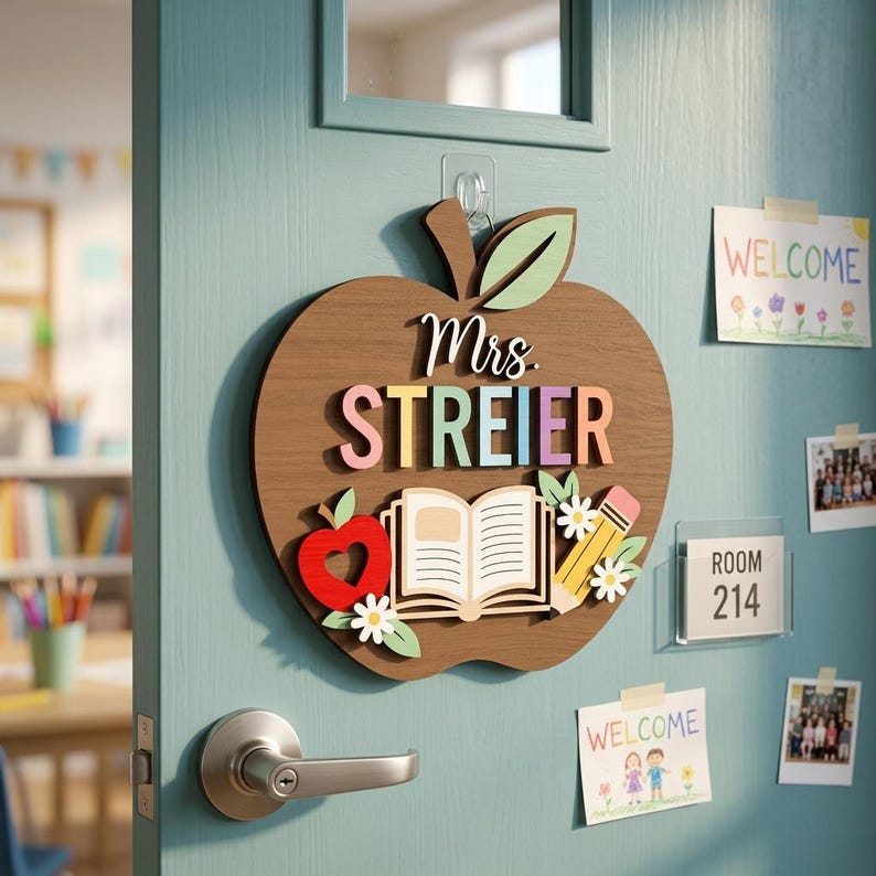 Personalized Teacher Wooden Door Sign SVG, Apple Classroom Name Sign ...