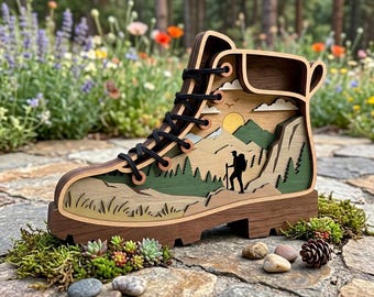 May include: A layered wooden cutout in the shape of a hiking boot featuring a mountain landscape scene with a silhouette of a hiker, pine trees, a yellow sun, and clouds. The boot has dark brown edges, black laces, and a natural wood finish.