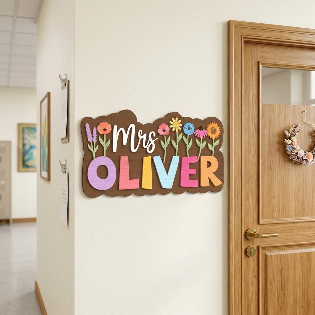 Floral Classroom Decor Sign SVG, Personalized Teacher Wooden Name Sign ...