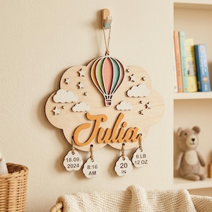 May include: Wooden nursery wall decoration in the shape of a cloud, with a colourful hot air balloon, stars, and clouds. The name "Julia" is in orange script. Includes birth details: date, time, and weight (2.72 kg) and length (50.8 cm).
