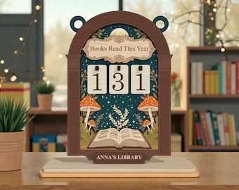 File SVG con il tracciato dei libri letti quest'anno, cartello con l'obiettivo di lettura Mushroom Cottagecore, decorazione personalizzata per biblioteca, Glowforge xTool Cricut