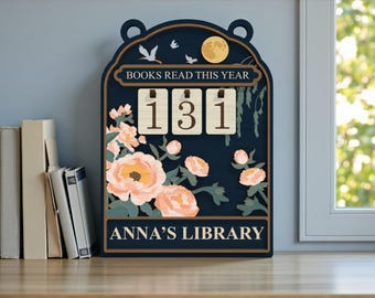 Cartello di lettura floreale con obiettivo lunare tagliato al laser, file SVG, tracker dei libri letti quest'anno, decorazione personalizzata per biblioteca, Glowforge xTool Cricut, regalo