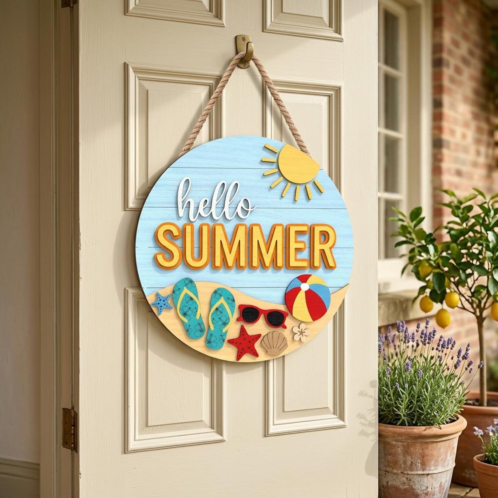 Hello Summer Beach Door Sign SVG, Flip Flop Round Door Hanger Laser Cut ...