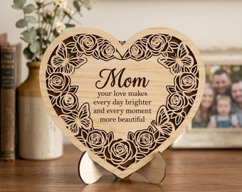 Mother's Day Rose Butterfly Heart SVG, Laser Cut Heart Plaque File, Mom Birthday Gift Wood Decor, Glowforge xTool CNC Digital Design
