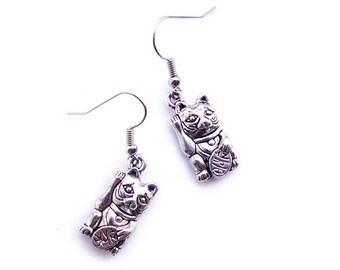 Maneki Neko Earrings: Japanese Lucky Cat Dangle Earrings, Surgical Steel