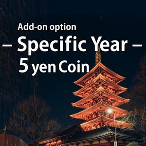 May include: Add-on option - Specific Year - 5 yen Coin. A red pagoda with golden lights against a dark night sky.