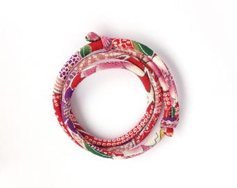 Kimono Fabric Wrap Bracelet: Japanese Chirimen, Adjustable Sliding Knots YAMATO