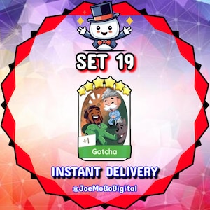 May include: A digital game card labeled Gotcha featuring a cartoon illustration of a man in a green outfit, an older man in blue pajamas, and a small dog. The card displays five yellow stars at the top, the text SET 19, and INSTANT DELIVERY.