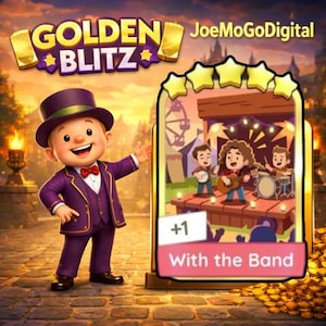 May include: A cartoon character in a purple suit and top hat stands next to a golden game card labeled Golden Blitz and With the Band. The card features an illustration of a three-piece musical band performing on a wooden stage at a fairground.