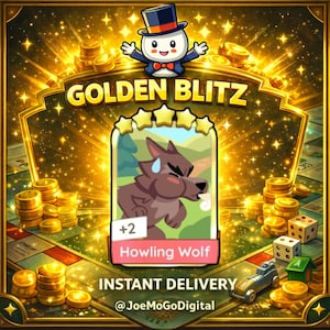 May include: A digital graphic for "Golden Blitz" featuring a cartoon wolf card with the text "Howling Wolf." The image includes stacks of gold coins, dice, and a car, with the words "Instant Delivery" and a social media handle.