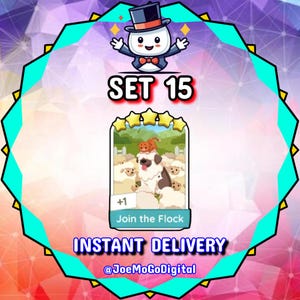 May include: A digital game card labeled Join the Flock featuring a cartoon dog with a small orange cat on its head surrounded by sheep. The card displays five yellow stars at the top, the text SET 15, INSTANT DELIVERY, and @JoeMoGoDigital.