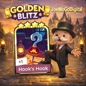 May include: An illustration for "Golden Blitz" featuring a cartoon character in a suit and top hat. The image includes a card with a hook design labeled "Hook's Hook" and the text "+1". The background shows a city scene.
