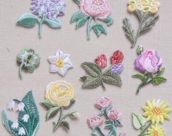 Vintage Floral Iron-On Patch Set – Embroidered Rose, Daisy, Sunflower Appliques for Clothes & Bags; Botanical Garden Patch Set, Floral Patch