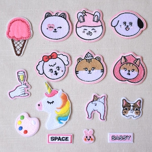 May include: A selection of embroidered patches featuring cartoon animals, an ice cream, and a unicorn. The patches are in pink, white, and rainbow colours. The word "SPACE" and "SASSY" are included. Measurements are not applicable.