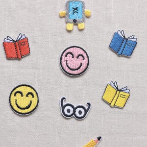 Embroidered Back to School Patch Set – Smiley, Book, Pencil, Glasses Appliques