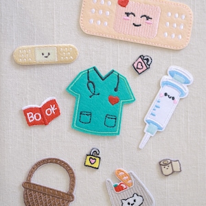 Cute Medical and Daily Life Iron On Patch – Nurse Uniform, Bandages, Syringe, Grocery Bag, Embroidered Appliques for DIY Clothes and Gifts