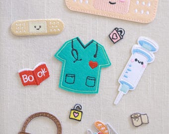 Cute Medical and Daily Life Iron On Patch – Nurse Uniform, Bandages, Syringe, Grocery Bag, Embroidered Appliques for DIY Clothes and Gifts