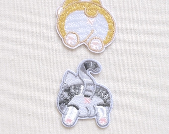 Embroidered Cat Iron On Patches: Funny Kitty Face & Butt Appliques