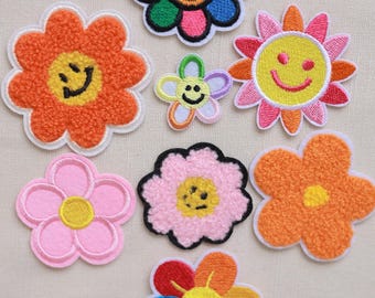 Smiley Face Flower Patches – Chenille Iron On Appliques for Clothes, Backpacks, Kids DIY Crafts
