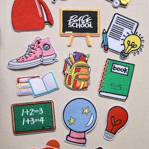 Back to School Iron On Patch Set – Books, Backpack, School Bus, Clock, Chalkboard, Lightbulb, DIY Kids Clothing Embroidered Applique