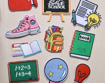 Back to School Iron On Patch Set – Books, Backpack, School Bus, Clock, Chalkboard, Lightbulb, DIY Kids Clothing Embroidered Applique