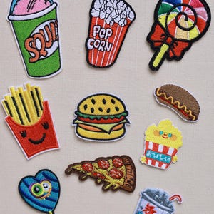 Fast Food Iron On Patch Set – Embroidered Burger, Fries, Pizza, Popcorn, Soda, Lollipop Appliques for DIY Clothes & Bags