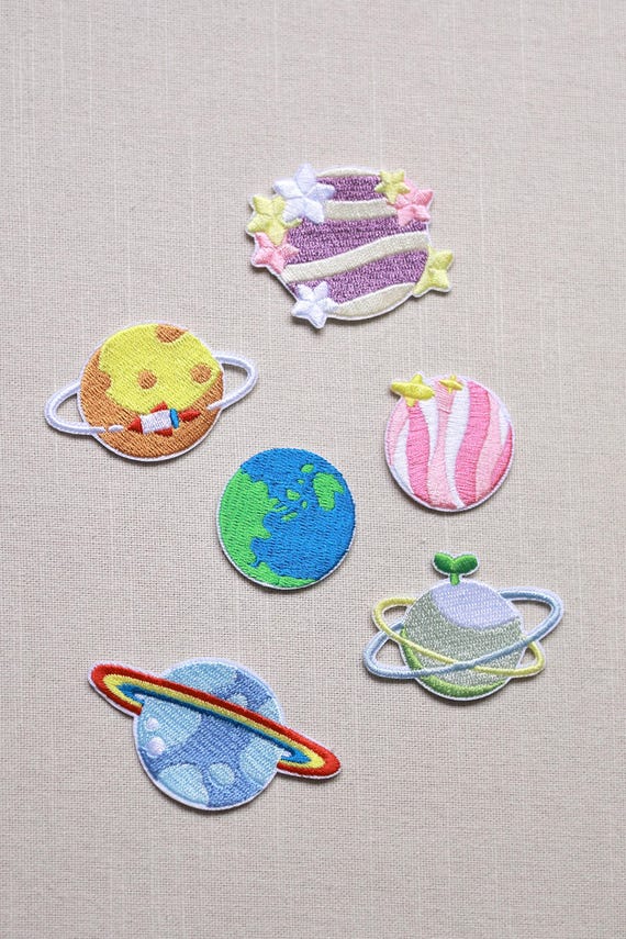 Planet Iron On Patch Set – Cute Space Embroidery, Earth, Saturn, Stars, Galaxy DIY Kids Clothing Applique, Backpack Jacket Decoration