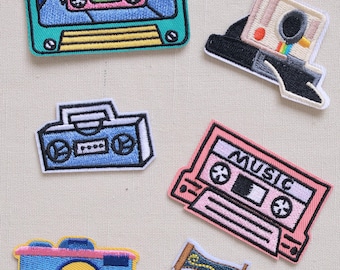 Retro Tech Iron-On Patch Set: Embroidered Cassette, Camera & Boombox Appliques