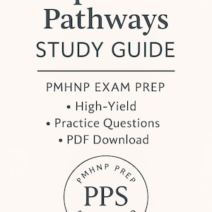 May include: A study guide titled "Dopamine Pathways" with the subtitle "Study Guide." The text includes "PMHNP EXAM PREP," "High-Yield," "Practice Questions," and "PDF Download." A circular logo reads "PMHNP PREP PPS PREP STUDIO."